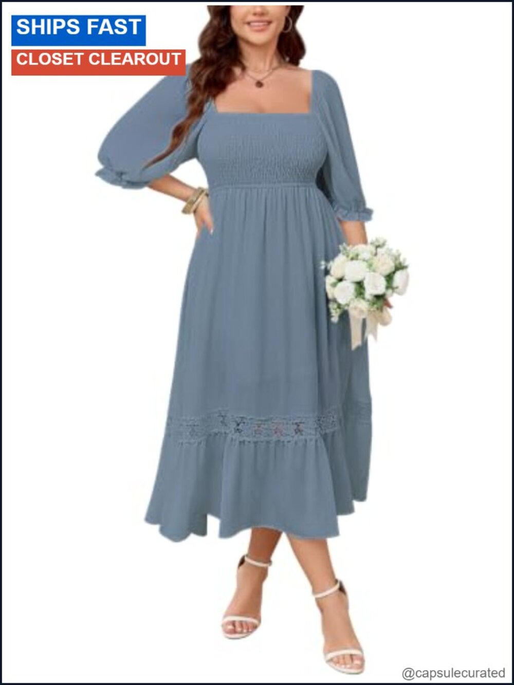 Plus Size Maxi Dress Lace Trim Square Neck Flowy Wedding Guest